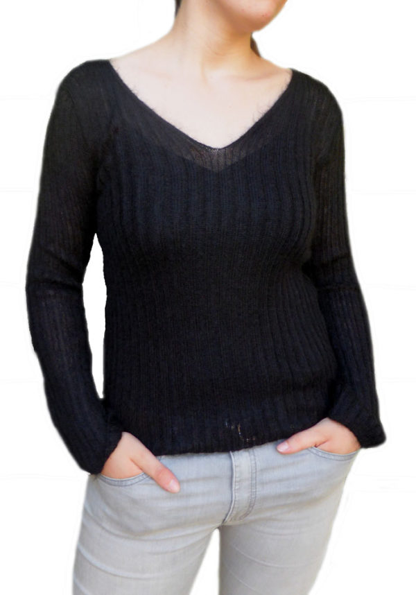 pull mohair et soie cotes col v noir