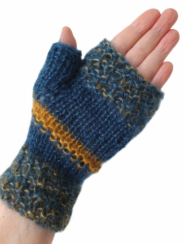 Mitaines mohair bleu canard et jaune moutarde